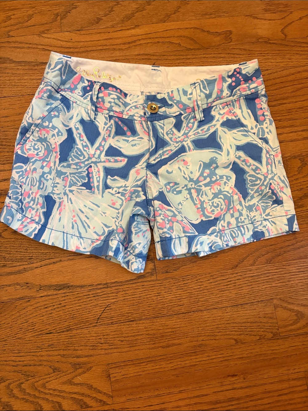 Lilly Pulitzer Blue & White Patterned Women’s Shorts with Pink Accents